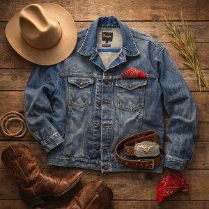 Wrangler Cowboy Cut Vtg L Sleeve Button Grunge Denim Jacket. Mens XL